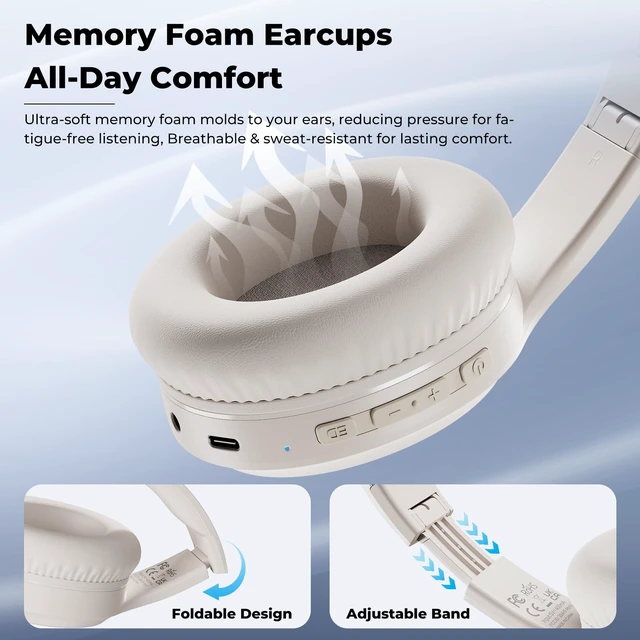 Alt view image 5 of 7 - Headphones Wireless Over Ear, 70 Hours Playtime Bluetooth Headphones Built-in Microphone, Foldable Lightweight Headset with Bluetooth 5.4, HiFi Stereo Sound for PC Cellphone Travel Office (Off-white)