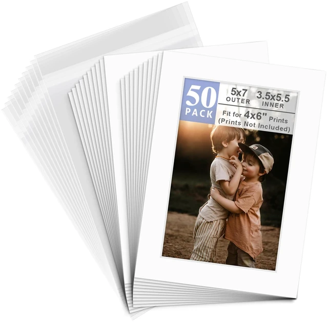 Main image of 50 Pack White 5x7 Picture Mat for 4x6 Photo+Backers+Bags Acid-FreePre-Cut Mat 3.5x5.5 Opening White Core Bevel Cut For Photo Art Poster or Print Display Mats Mattes