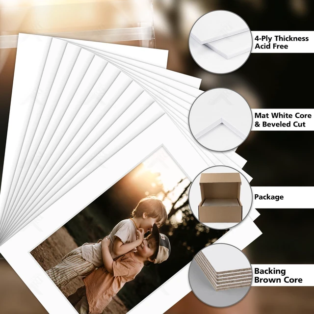 Alt view image 3 of 7 - 50 Pack White 5x7 Picture Mat for 4x6 Photo+Backers+Bags Acid-FreePre-Cut Mat 3.5x5.5 Opening White Core Bevel Cut For Photo Art Poster or Print Display Mats Mattes