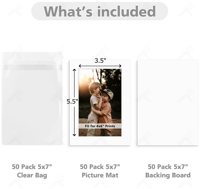 Alt view image 2 of 7 - 50 Pack White 5x7 Picture Mat for 4x6 Photo+Backers+Bags Acid-FreePre-Cut Mat 3.5x5.5 Opening White Core Bevel Cut For Photo Art Poster or Print Display Mats Mattes