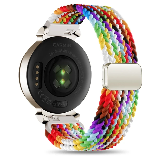 Alt view image 2 of 7 - Braid Nylon Bands Compatible with Garmin Lily 2, Magnetic 14mm Stretchy Nylon Soft Loop Straps Quick Release Replacement Adjustable Wristband for Lily 2 Classic/Active Smart Watch Accessory for Women