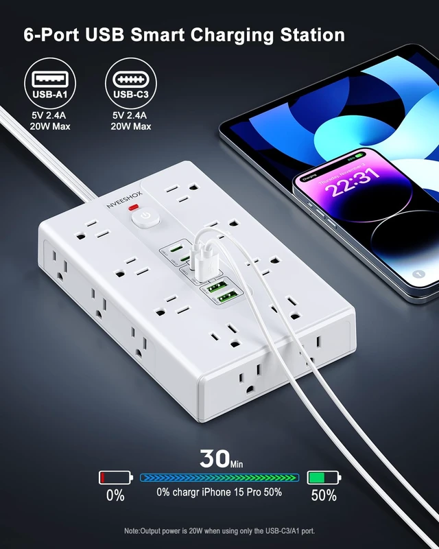 Alt view image 3 of 7 - Surge Protector Power Strip 6.5 FT Cord with 16 AC Outlets 6 USB-C Ports Extension Cord with Multiple Outlets, Desktop Charging Station, Flat Plug Outlet Extender for Home Office Dorm