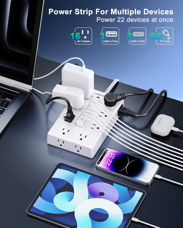 Alt view image 2 of 7 - Surge Protector Power Strip 6.5 FT Cord with 16 AC Outlets 6 USB-C Ports Extension Cord with Multiple Outlets, Desktop Charging Station, Flat Plug Outlet Extender for Home Office Dorm
