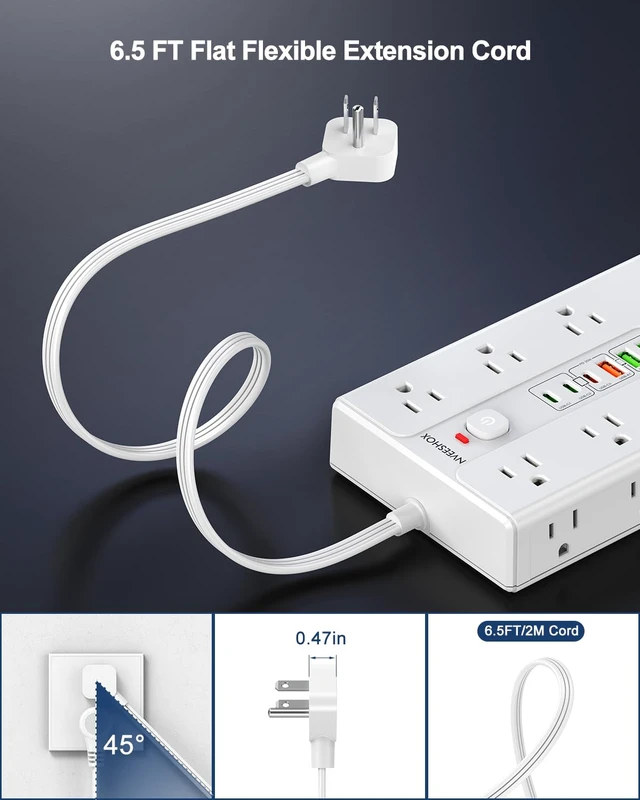 Alt view image 4 of 7 - Surge Protector Power Strip 6.5 FT Cord with 16 AC Outlets 6 USB-C Ports Extension Cord with Multiple Outlets, Desktop Charging Station, Flat Plug Outlet Extender for Home Office Dorm
