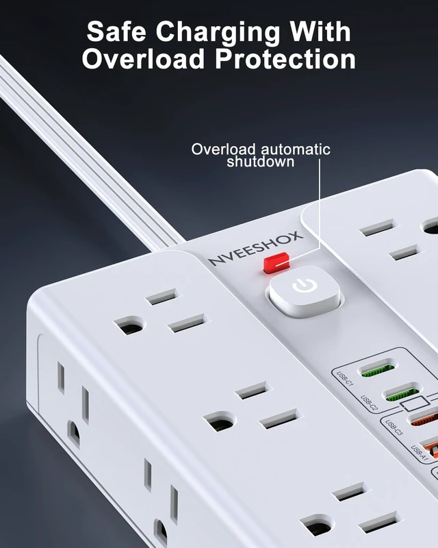 Alt view image 5 of 7 - Surge Protector Power Strip 6.5 FT Cord with 16 AC Outlets 6 USB-C Ports Extension Cord with Multiple Outlets, Desktop Charging Station, Flat Plug Outlet Extender for Home Office Dorm