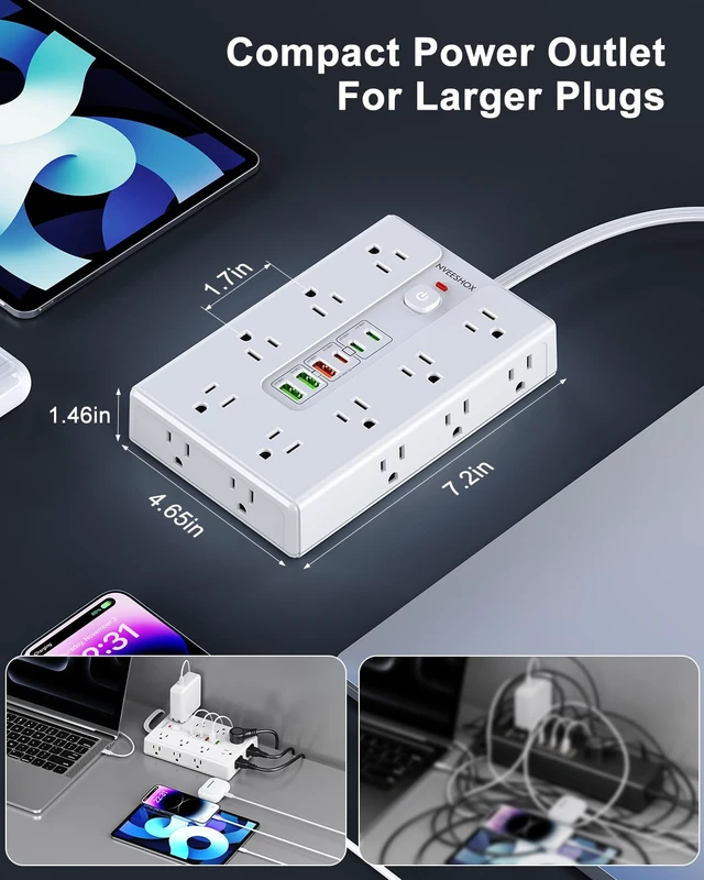 Alt view image 6 of 7 - Surge Protector Power Strip 6.5 FT Cord with 16 AC Outlets 6 USB-C Ports Extension Cord with Multiple Outlets, Desktop Charging Station, Flat Plug Outlet Extender for Home Office Dorm