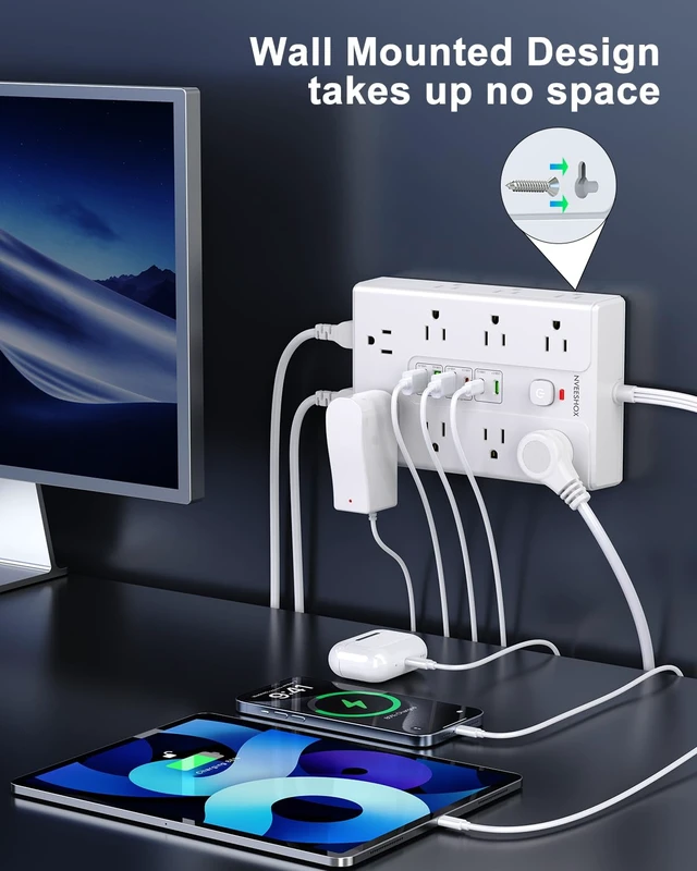 Alt view image 7 of 7 - Surge Protector Power Strip 6.5 FT Cord with 16 AC Outlets 6 USB-C Ports Extension Cord with Multiple Outlets, Desktop Charging Station, Flat Plug Outlet Extender for Home Office Dorm