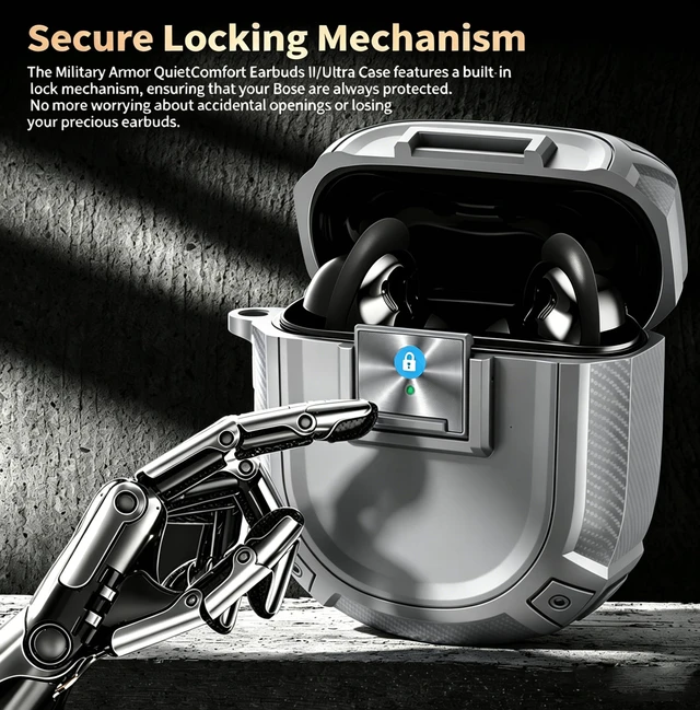 Alt view image 2 of 7 - for New Bose QuietComfort Ultra Earbuds (2nd Gen 2025)/Ultra 2023/II 2022 Case Cover with Lock Clip&Cleaner kit, Rugged Shockproof Protective Bose QC Ultra 2 Hard Skin with Carabiner - Grey