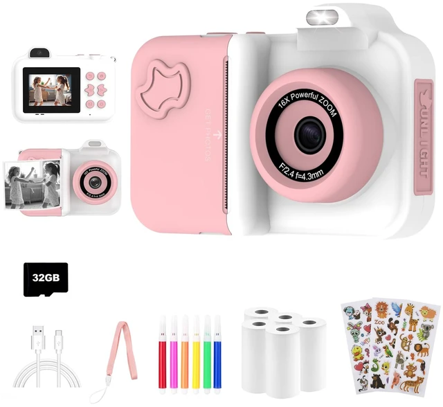 Main image of Instant Print Camera for Kids Ages 4-12, Birthday Gift for Girl boy Instantly print photos, record 1080P videos, take selfies, and create with 5 paper rolls, stickers, pens, and a 32GB card