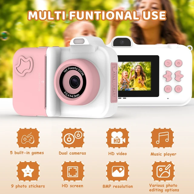 Alt view image 3 of 7 - Instant Print Camera for Kids Ages 4-12, Birthday Gift for Girl boy Instantly print photos, record 1080P videos, take selfies, and create with 5 paper rolls, stickers, pens, and a 32GB card