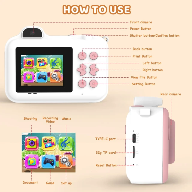 Alt view image 7 of 7 - Instant Print Camera for Kids Ages 4-12, Birthday Gift for Girl boy Instantly print photos, record 1080P videos, take selfies, and create with 5 paper rolls, stickers, pens, and a 32GB card