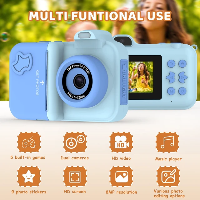 Alt view image 3 of 7 - Instant Print Camera for Kids Ages 4-12, Birthday Gift for Girl boy 1080P dual-lens camera with instant prints, 32GB card, 5 paper rolls, stickers, games and MP3 player for creative play