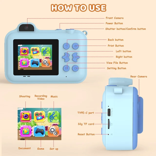 Alt view image 7 of 7 - Instant Print Camera for Kids Ages 4-12, Birthday Gift for Girl boy 1080P dual-lens camera with instant prints, 32GB card, 5 paper rolls, stickers, games and MP3 player for creative play