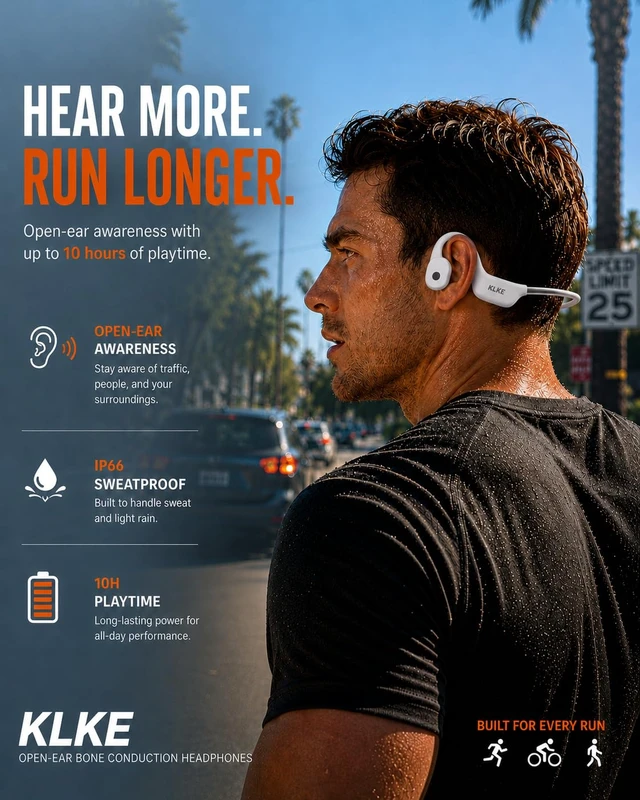 Alt view image 2 of 6 - Bone Conduction Headphones for Running with mic and Rear Safety Light Dual Sound Modes, Adjustable Fit, 10H Playtime, USB-C Charging, Clear Calls, Lightweight Comfort for Gym, Cycling and Hiking
