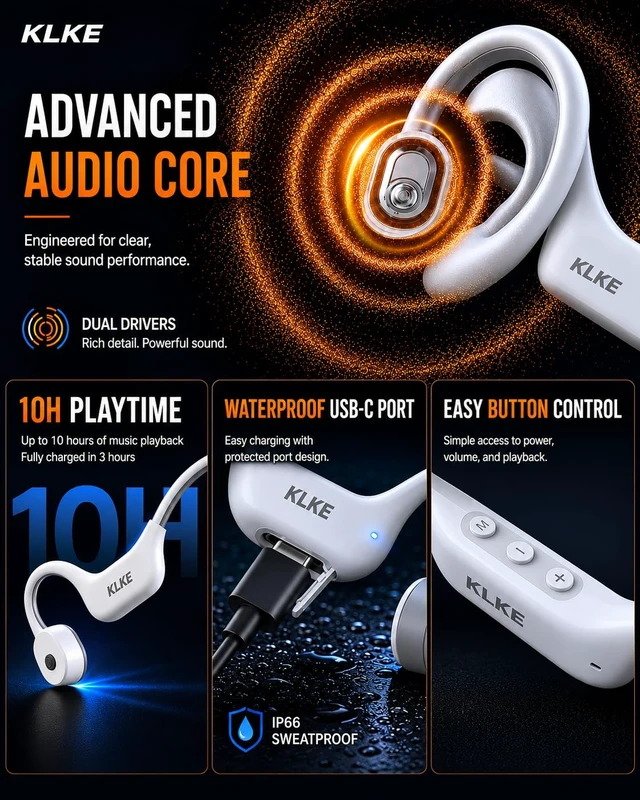 Alt view image 5 of 6 - Bone Conduction Headphones for Running with mic and Rear Safety Light Dual Sound Modes, Adjustable Fit, 10H Playtime, USB-C Charging, Clear Calls, Lightweight Comfort for Gym, Cycling and Hiking