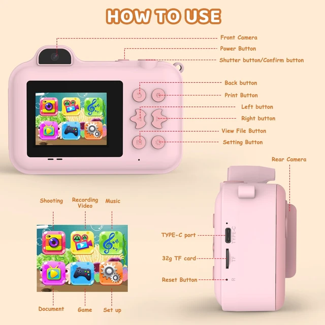 Alt view image 7 of 7 - Instant Print Camera for Kids Ages 4-12, Birthday Gift for Girl boy Instantly print photos, record 1080P videos, take selfies, and create with 5 paper rolls, stickers, pens, and a 32GB card