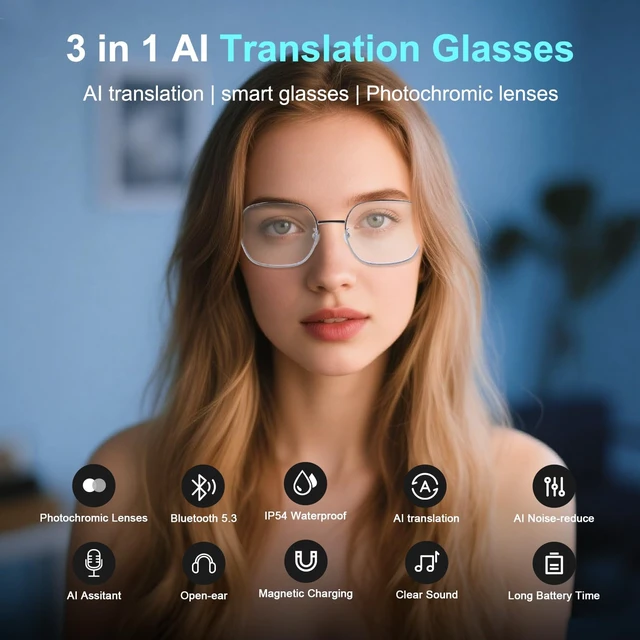 Alt view image 2 of 7 - Bluetooth Smart Glasses, Real-Time Translation 169 Languages Photochromic Lenses, Open-Ear Audio, Hands-Free Calls Music, Touch Control, Voice Assistant, Lightweight Women Travel Work