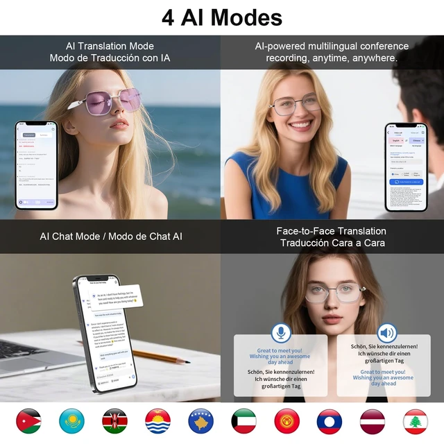 Alt view image 5 of 7 - Bluetooth Smart Glasses, Real-Time Translation 169 Languages Photochromic Lenses, Open-Ear Audio, Hands-Free Calls Music, Touch Control, Voice Assistant, Lightweight Women Travel Work