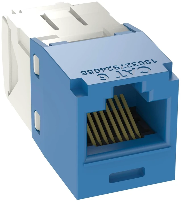 Main image of CJ688TGBU Mini-Com TX6 Plus Cat6 RJ45 Jack Module, Blue, 24-Pack Toolless Install, T568A/T568B Wiring, Polycarbonate Body, Phosphor Bronze Contacts, RoHS Compliant, Exceeds Industry Specs
