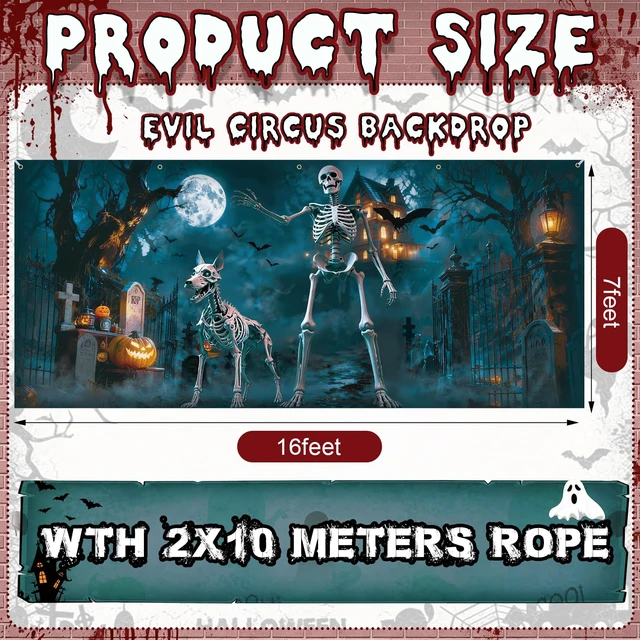 Alt view image 2 of 7 - 7x16 ft Skeleton Halloween Garage Door Cover Skeleton Dog Banner Double Garage Cover, Graveyard Scene with Skeleton, Haunted Backdrop, Spooky Halloween Banner, Outdoor Photography Background