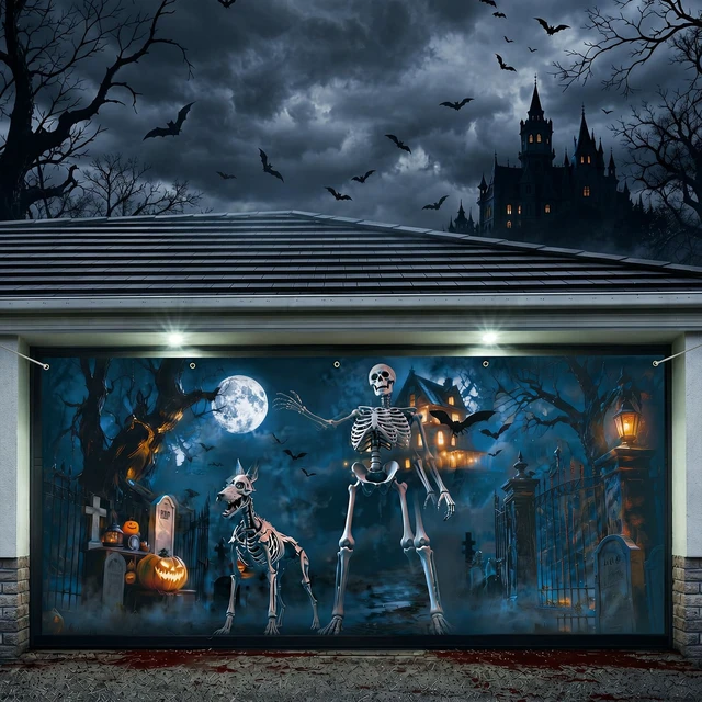 Alt view image 4 of 7 - 7x16 ft Skeleton Halloween Garage Door Cover Skeleton Dog Banner Double Garage Cover, Graveyard Scene with Skeleton, Haunted Backdrop, Spooky Halloween Banner, Outdoor Photography Background