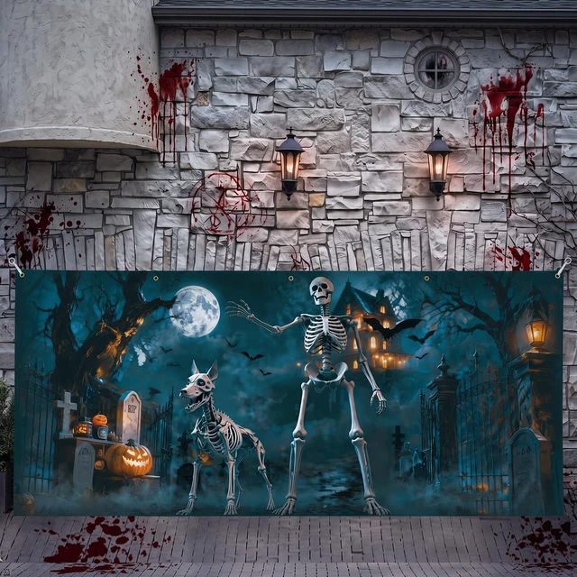Alt view image 5 of 7 - 7x16 ft Skeleton Halloween Garage Door Cover Skeleton Dog Banner Double Garage Cover, Graveyard Scene with Skeleton, Haunted Backdrop, Spooky Halloween Banner, Outdoor Photography Background