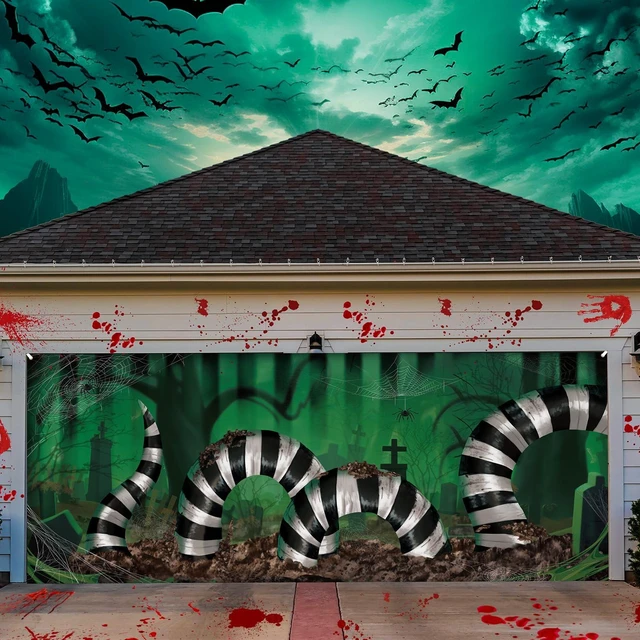 Main image of 7x16ft Halloween Garage Door Cover Striped Snake Black White Halloween Garage Door Banner Backdrop, black and White Stripe, Classic Scary Background for Photo Party Outdoor Banner