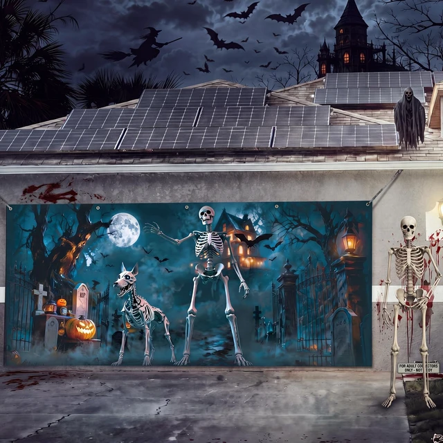 Alt view image 7 of 7 - 7x16 ft Skeleton Halloween Garage Door Cover Skeleton Dog Banner Double Garage Cover, Graveyard Scene with Skeleton, Haunted Backdrop, Spooky Halloween Banner, Outdoor Photography Background