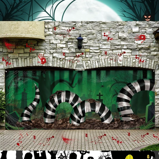 Alt view image 3 of 6 - 7x16ft Halloween Garage Door Cover Striped Snake Black White Halloween Garage Door Banner Backdrop, black and White Stripe, Classic Scary Background for Photo Party Outdoor Banner