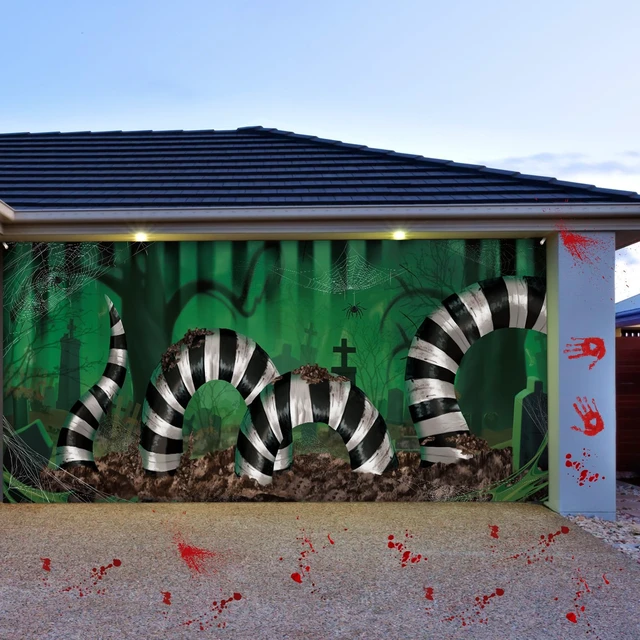 Alt view image 5 of 6 - 7x16ft Halloween Garage Door Cover Striped Snake Black White Halloween Garage Door Banner Backdrop, black and White Stripe, Classic Scary Background for Photo Party Outdoor Banner