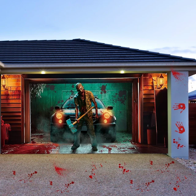 Alt view image 4 of 7 - 7 x 16 ft Halloween Garage Door Cover Horror Killer Garage Banner Scary Backdrop for Outdoor Party, Horror Theme Zombies Background, Fits Standard Garage Door, Weatherproof Photo Booth
