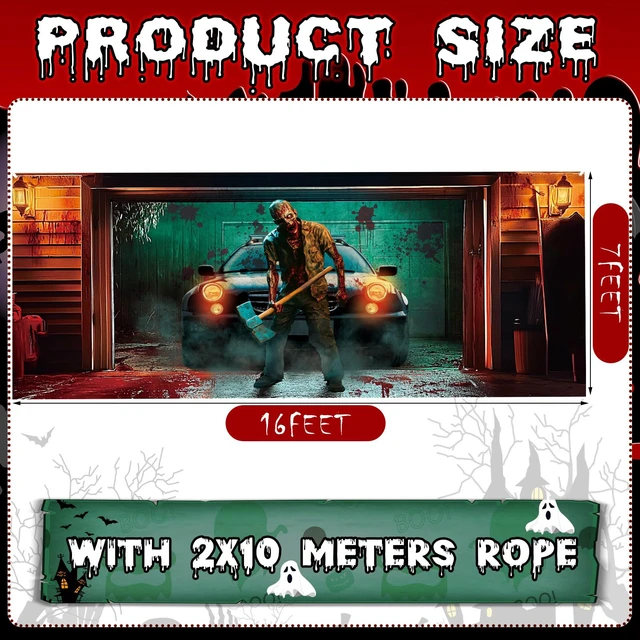 Alt view image 2 of 7 - 7 x 16 ft Halloween Garage Door Cover Horror Killer Garage Banner Scary Backdrop for Outdoor Party, Horror Theme Zombies Background, Fits Standard Garage Door, Weatherproof Photo Booth