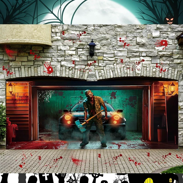 Alt view image 5 of 7 - 7 x 16 ft Halloween Garage Door Cover Horror Killer Garage Banner Scary Backdrop for Outdoor Party, Horror Theme Zombies Background, Fits Standard Garage Door, Weatherproof Photo Booth