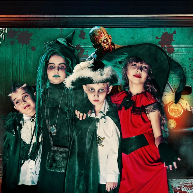 Alt view image 6 of 7 - 7 x 16 ft Halloween Garage Door Cover Horror Killer Garage Banner Scary Backdrop for Outdoor Party, Horror Theme Zombies Background, Fits Standard Garage Door, Weatherproof Photo Booth