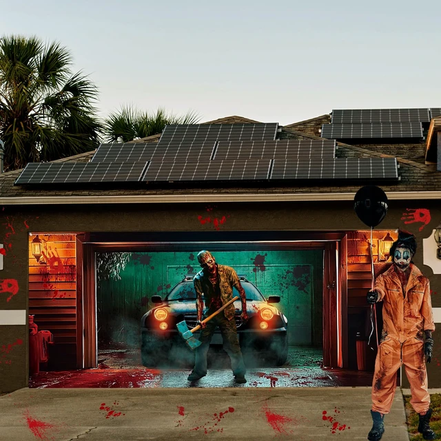 Alt view image 7 of 7 - 7 x 16 ft Halloween Garage Door Cover Horror Killer Garage Banner Scary Backdrop for Outdoor Party, Horror Theme Zombies Background, Fits Standard Garage Door, Weatherproof Photo Booth