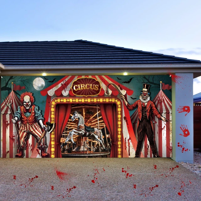 Alt view image 4 of 7 - 7 x 16 ft Halloween Garage Door Cover Decor Creepy Carnival Banner Fit Double Garage Doors, Clown Backdrop, Carnival Creepy Clown Evil Circus Background for Birthday Carnival Photography Party