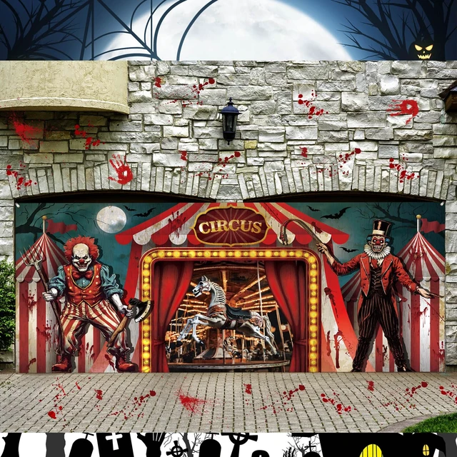 Alt view image 5 of 7 - 7 x 16 ft Halloween Garage Door Cover Decor Creepy Carnival Banner Fit Double Garage Doors, Clown Backdrop, Carnival Creepy Clown Evil Circus Background for Birthday Carnival Photography Party