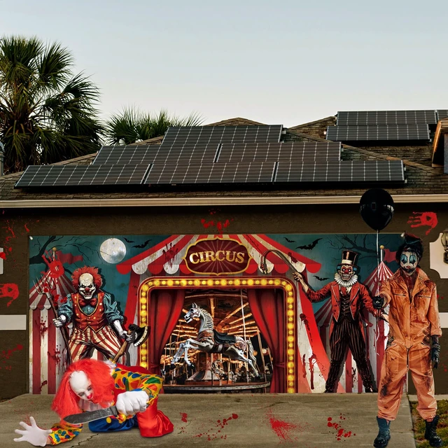 Alt view image 7 of 7 - 7 x 16 ft Halloween Garage Door Cover Decor Creepy Carnival Banner Fit Double Garage Doors, Clown Backdrop, Carnival Creepy Clown Evil Circus Background for Birthday Carnival Photography Party
