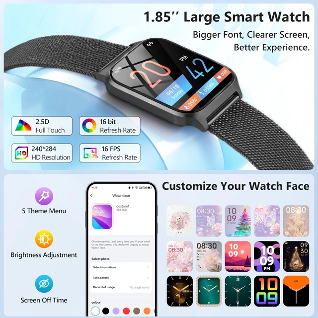 Alt view image 2 of 7 - Smart Watch Women Men, 1.85" Lightweight Fitness Tracker Make/Answer Call, HR/Blood Pressure/Sleep Monitor, 110+Sport Modes, Waterproof Reloj inteligente Compatible for Android & Samsung & iPhone