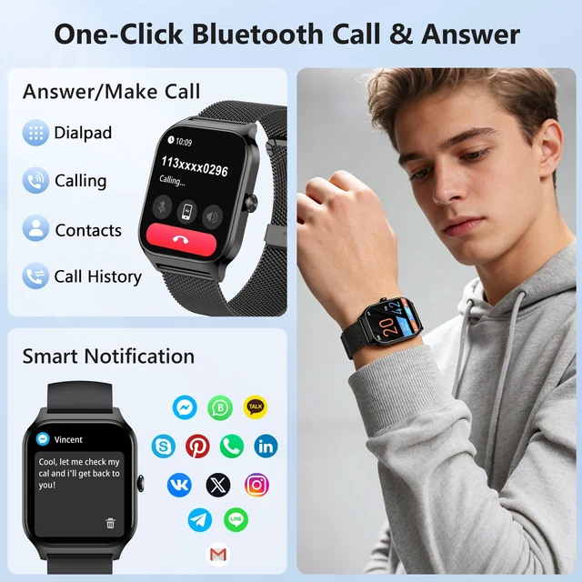 Alt view image 3 of 7 - Smart Watch Women Men, 1.85" Lightweight Fitness Tracker Make/Answer Call, HR/Blood Pressure/Sleep Monitor, 110+Sport Modes, Waterproof Reloj inteligente Compatible for Android & Samsung & iPhone