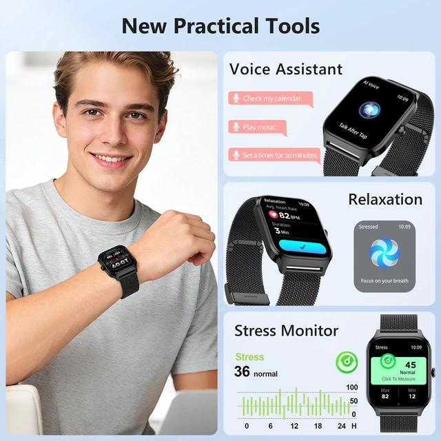 Alt view image 5 of 7 - Smart Watch Women Men, 1.85" Lightweight Fitness Tracker Make/Answer Call, HR/Blood Pressure/Sleep Monitor, 110+Sport Modes, Waterproof Reloj inteligente Compatible for Android & Samsung & iPhone