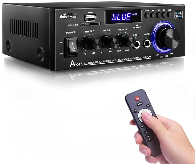 Main image of AK45 Pro Stereo Amplifier Home Audio, Stereo Receivers with Bluetooth 5.0,Max 400W, 2.0 Channel Audio Receiver for Home Theater Speakers w/USB/SD/RCA/2 MIC in for Karaok