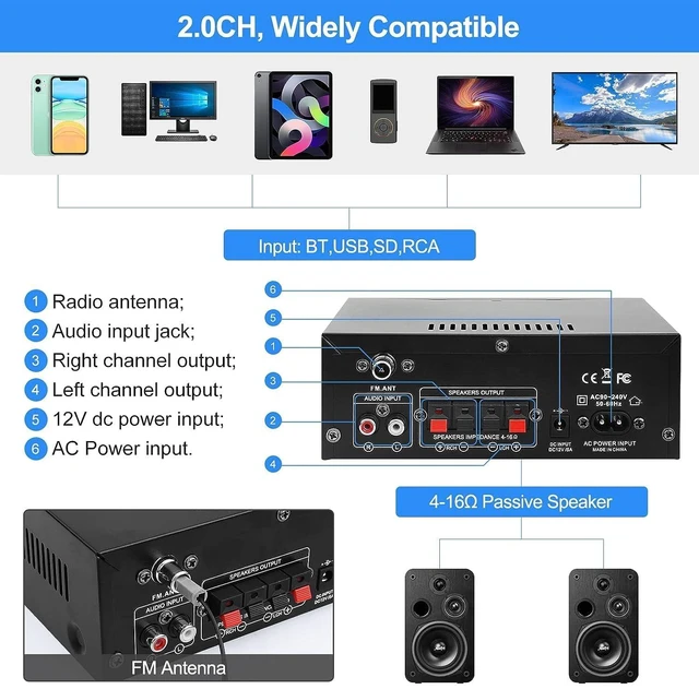 Alt view image 3 of 7 - AK45 Pro Stereo Amplifier Home Audio, Stereo Receivers with Bluetooth 5.0,Max 400W, 2.0 Channel Audio Receiver for Home Theater Speakers w/USB/SD/RCA/2 MIC in for Karaok
