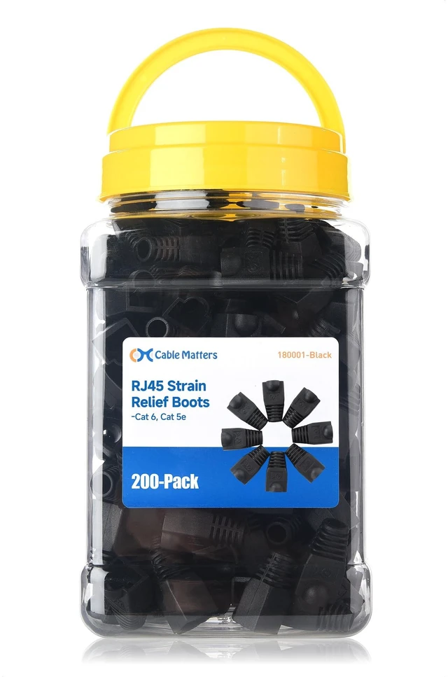 Main image of 200-Pack Cat6/Cat5e RJ45 Strain Relief Boots, Black Suitable for 6.5mm (0.25in) Ethernet Cables, RJ45 Boot, Cat 6 Boot
