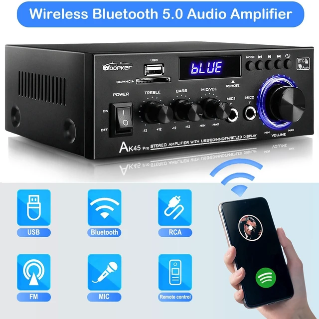Alt view image 4 of 6 - AK45 pro Stereo Amplifiers Home Audio, Stereo Receivers 2 Channel 400W Bluetooth 5.0 Power Amplifier System, FM Radio, USB, SD Card, with Remote Control for Home Theater Speakers Studio, Karaoke