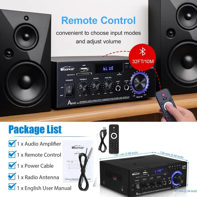 Alt view image 5 of 7 - AK45 Pro Stereo Amplifier Home Audio, Stereo Receivers with Bluetooth 5.0,Max 400W, 2.0 Channel Audio Receiver for Home Theater Speakers w/USB/SD/RCA/2 MIC in for Karaok
