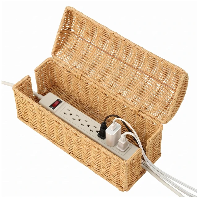 Main image of PP Rattan Cable Management Box to Hide Cords and Power Strip Hand Woven Craft, Ventilated Heat Dissipation, Easy Access Protective Curved Flip Lid, Boho Woven Decor for Home and Office