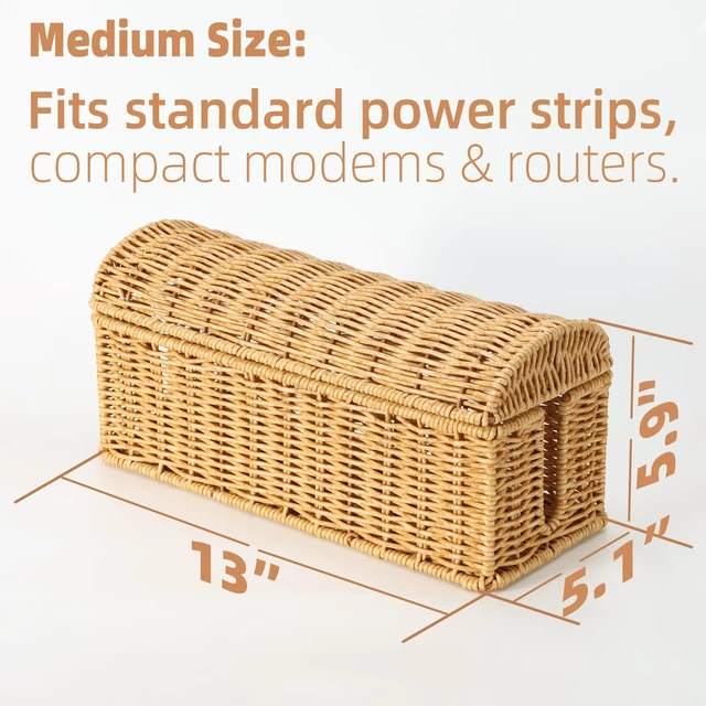 Alt view image 2 of 7 - PP Rattan Cable Management Box to Hide Cords and Power Strip Hand Woven Craft, Ventilated Heat Dissipation, Easy Access Protective Curved Flip Lid, Boho Woven Decor for Home and Office