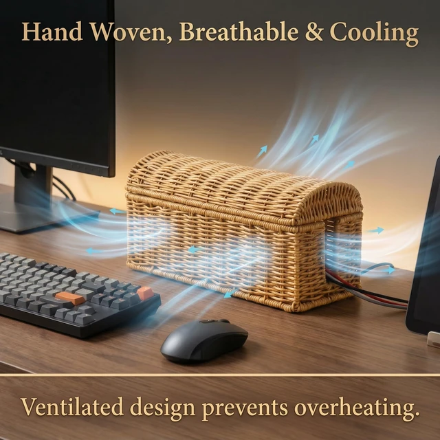 Alt view image 3 of 7 - PP Rattan Cable Management Box to Hide Cords and Power Strip Hand Woven Craft, Ventilated Heat Dissipation, Easy Access Protective Curved Flip Lid, Boho Woven Decor for Home and Office