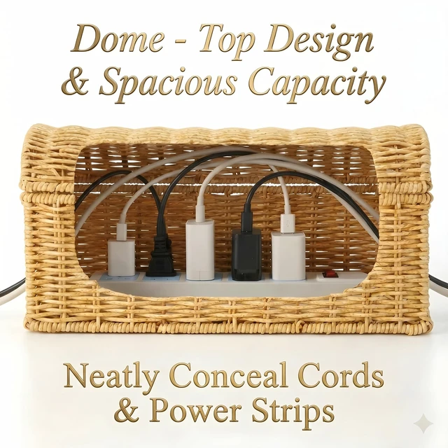 Alt view image 4 of 7 - PP Rattan Cable Management Box to Hide Cords and Power Strip Hand Woven Craft, Ventilated Heat Dissipation, Easy Access Protective Curved Flip Lid, Boho Woven Decor for Home and Office